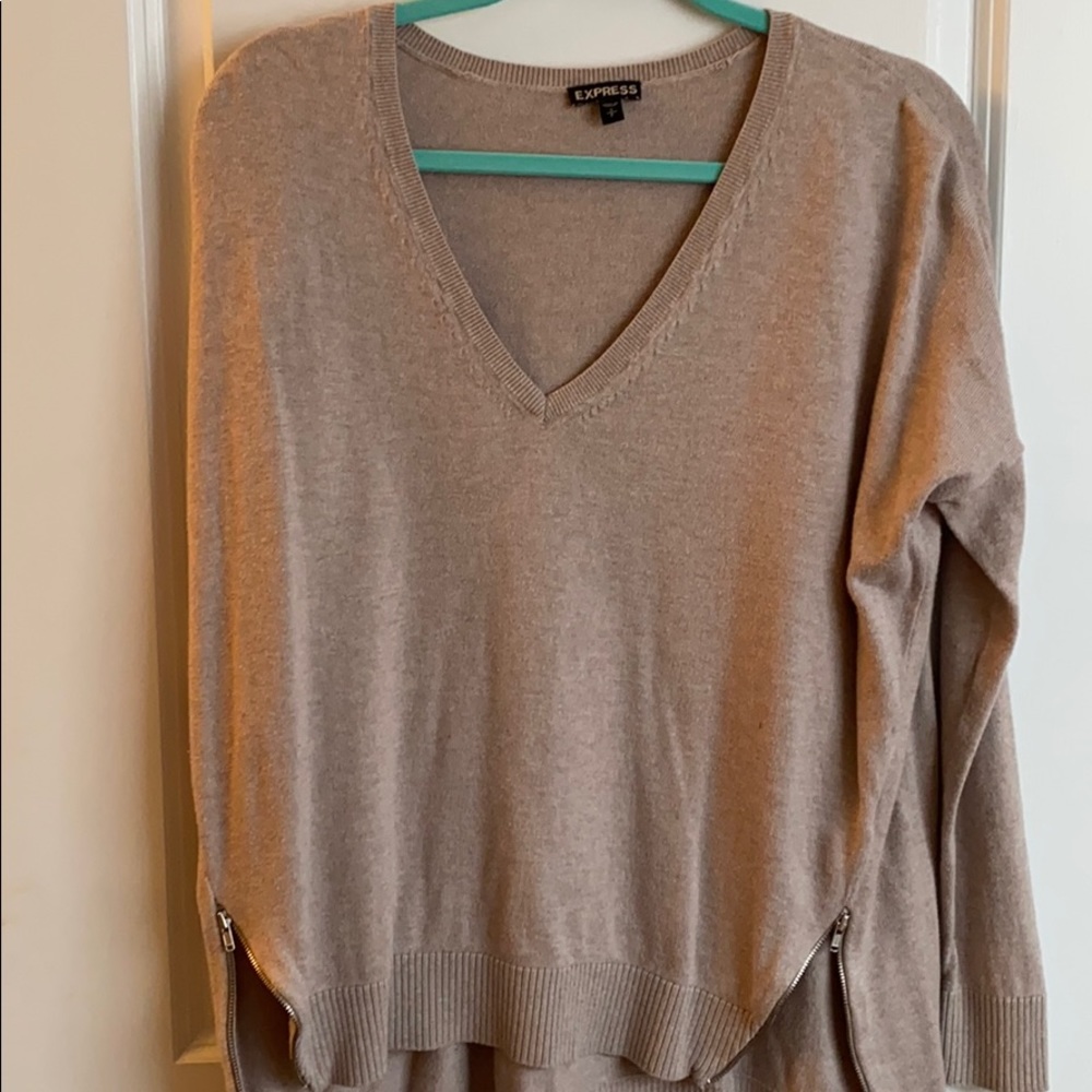 Taupe V Neck Top with Side Zippers